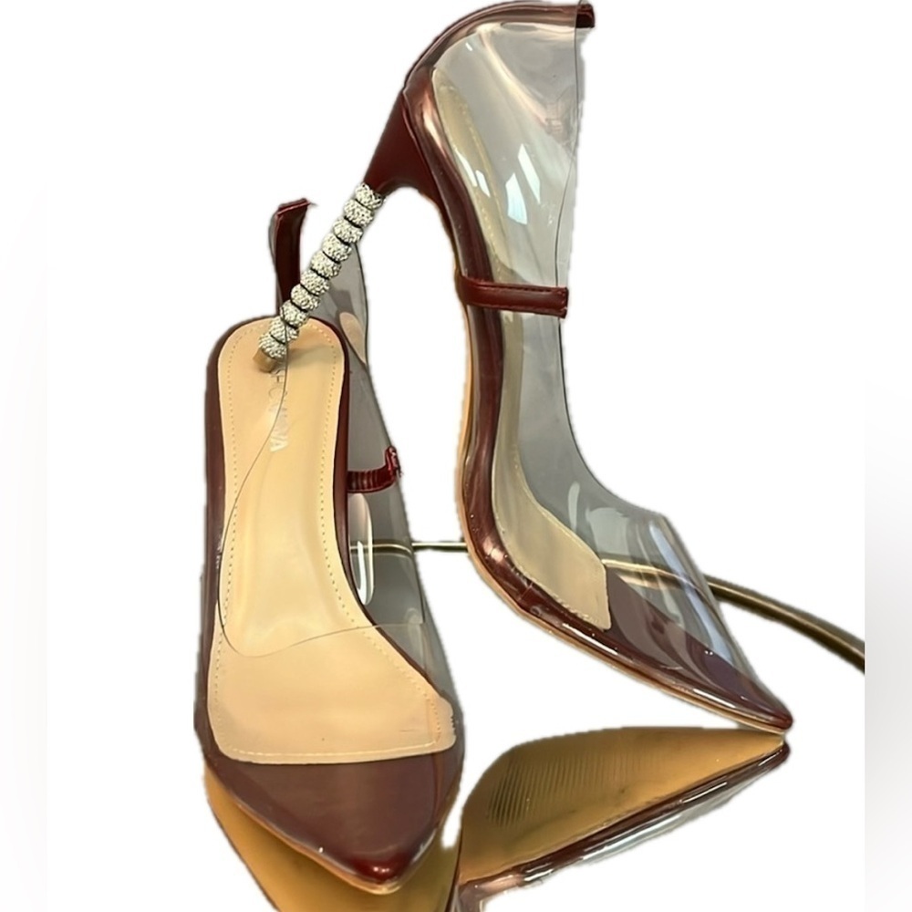 FASHION NOVA women’s size 8.5 stiletto high heels. Clear see through… EUC